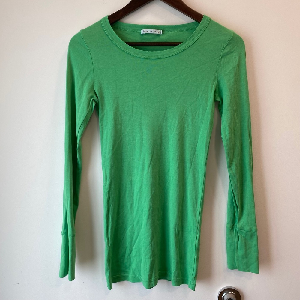 Michael Stars Top W OS Green Supima Cotton Long Sleeve Crew Neck Slim Twilight
